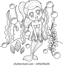 Vector drawing fantastic sea mermaid. Ornamental decorated graphic illustration of a mermaid. Coloring page sea nymph. For print t-shirts. Fairy tale mythical characters.