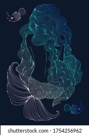 Vector drawing fantastic sea mermaid with long wavy hair sits with his back. Ornamental decorated graphic illustration of a fairytale mermaid. Pattern sea nymph. Fairy tale colorful neon light