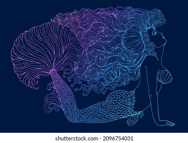 Vector drawing fantastic sea mermaid with developing long wavy hair decorated water lily. Sea goddess with a lush fin tail lies on the bottom and looks. Pattern ornamental neon luminous Fairy tale 