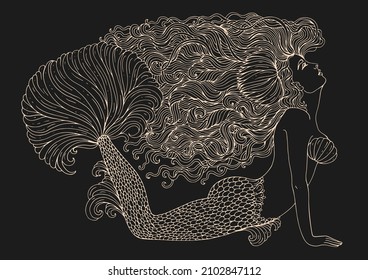 Vector drawing fantastic sea mermaid with developing long wavy hair decorated water lily. Sea goddess a lush fin tail lies on the bottom and looks. Pattern Fairy tale ornamental Light yellow on brown