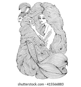 Vector drawing fantastic sea mermaid with long wavy hair holding a seashell. Ornamental decorated graphic illustration of a mermaid tattoo. Mermaid sea nymph.  Coloring  page. Fairy tale characters.
