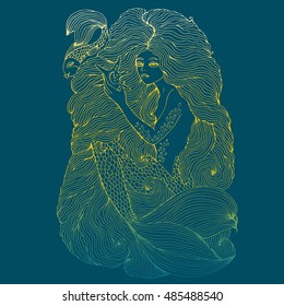 Vector drawing fantastic sea mermaid with long wavy hair holding a seashell. Ornamental decorated graphic illustration of a mermaid tattoo. Mermaid sea nymph.  Coloring  page. Fairy tale characters.