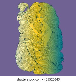 Vector drawing fantastic sea mermaid with long wavy hair holding a seashell. Ornamental decorated graphic illustration of a mermaid tattoo. Mermaid sea nymph.   Fairy tale characters.