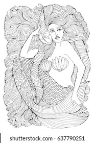 Vector drawing fantastic sea mermaid with long wavy hair holds a seashell. Ornamental decorated graphic illustration of a mermaid tattoo. Coloring  page sea nymph. Fairy tale characters.