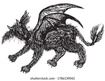 Vector drawing of a fantastic shaggy creature with wings, horns and tail
