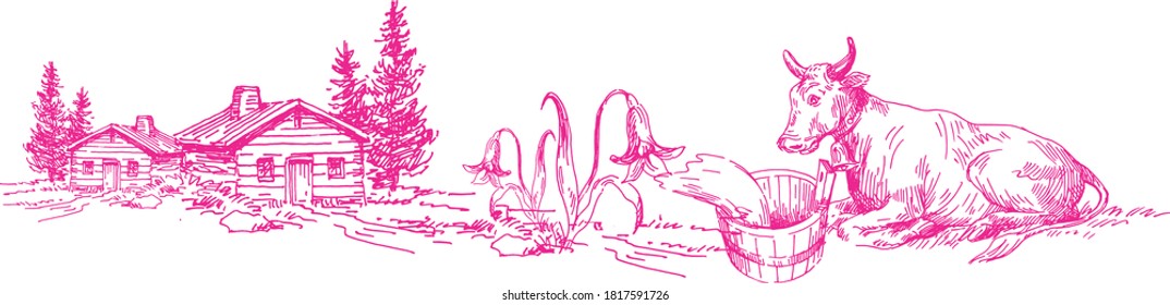 Vector Drawing of Farmer and Farming with bullock, tractor, Tuscany Landscape, rural field with ripe wheat on background of mill and village, clouds, old Barn, house, trees, plant, Vector