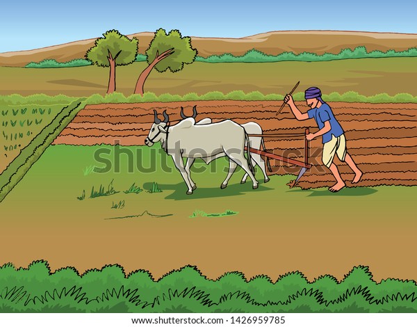 Vector Drawing Farmer Farming Bullock Stock Vector Royalty Free