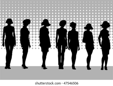Vector drawing fashion models on scene. Silhouettes womens