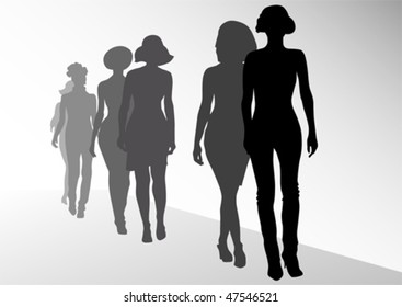 Modelos de moda de dibujo vectorial en escena. Silhouettes mujeres