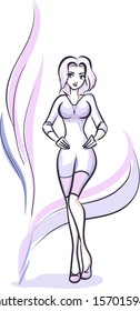 Vector drawing with fashion  slender beautiful young glamour blonde. Soft light pink and lilac color. Woman is at full length. She has got big breast and light hair/ Fashion girl