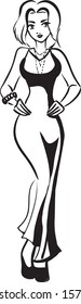 Vector drawing with fashion  slender beautiful young glamour blonde in long dress. Woman is at full length. She has got big breast and light hair/Fashion girl in long dress 