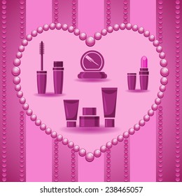 Vector drawing fashionable objects makeup on a beautiful striped purple background