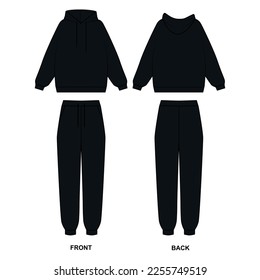 Vector drawing of a fashionable tracksuit in black. Vector sketch of hoodie and sweatpants, joggers with pockets. Set of technical drawing pajamas, vector.