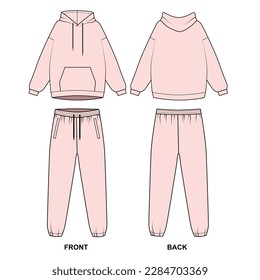 Vector drawing of a fashionable tracksuit in pink. Hoodie template with pocket and drawstring joggers. Women's suit in casual style, front and back view. Sports pants and hoodie, vector. svg
