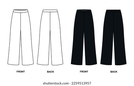 Vector drawing of fashionable, wide, long trousers. Palazzo pants front and back view, vector. Loose fit jersey sweatpants template, vector