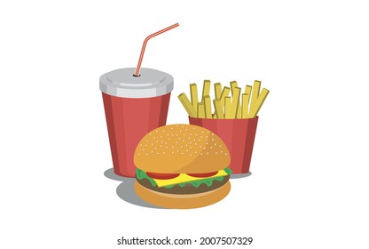 Vector drawing: fast food combo - burger, french fries and soda snack