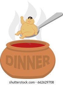 Vector drawing of a fat asian on a spoon over a cauldron