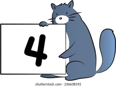 vector drawing fat cat holding a card with number 4