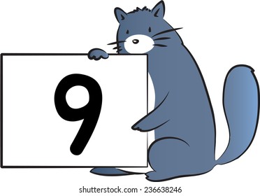 vector drawing fat cat holding a card with number 9
