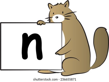 vector drawing fat cat holding a cart with letter n