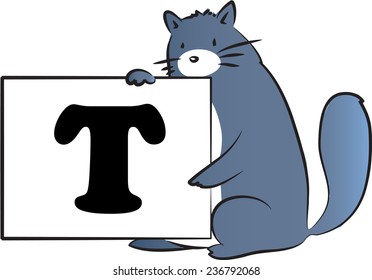vector drawing fat cat holding a card with Uppercase letter T