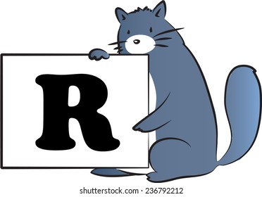 vector drawing fat cat holding a card with Uppercase letter R