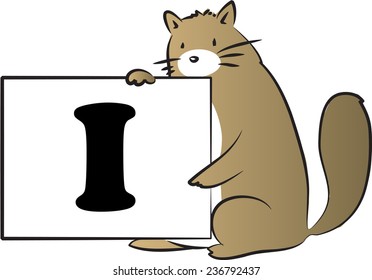 vector drawing fat cat holding a card with Uppercase letter I