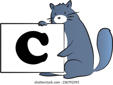 vector drawing fat cat holding a card with Uppercase letter C