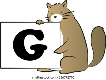 vector drawing fat cat holding a card with Uppercase letter G