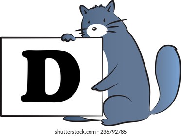 vector drawing fat cat holding a card with Uppercase letter D
