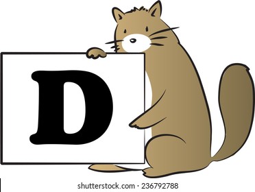 vector drawing fat cat holding a card with Uppercase letter D