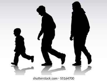 Vector drawing father and children. Silhouettes of people