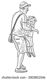 Vector drawing of a father holding his little daughter in arms for a walk
