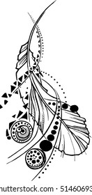 Vector drawing of feather in black and white colors in silhouette for tattoo