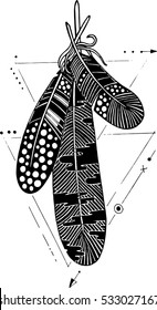 Vector drawing of feather in geometric and silhouette for tattoo
