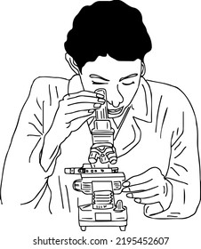 Vector Drawing Of Female Lab Technician Analyzing On Microscope, Female Scientist With Microscope Sketch Drawing Silhouette, Woman On Microscope Clip Art Doodle