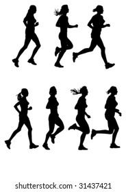 Vector drawing of female marathon. Silhouettes on a white background