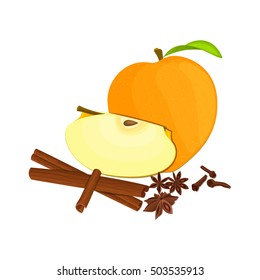 Vector drawing of a few apples with spice. Yellow apple fruits whole, half, slice and anise cinnamon Group of tasty fruits colorful design for the packaging of juice, breakfast, healthy eating, vegan