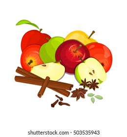 Vector drawing of a few apples with spice. Yellow, red and green apple fruits and anise cinnamon cloves cardamom appetizing looking for the packaging of juice, breakfast, healthy eating, vegetarianism