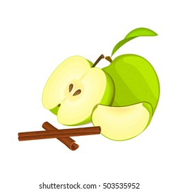 Vector Drawing Of A Few Apples With Spice. Green Apple Fruits Whole, Half, Slice And Cinnamon Stick Group Of Tasty Fruits Colorful Design For The Packaging Of Juice, Breakfast, Healthy Eating, Vegan