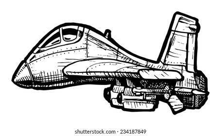 Vector drawing of Fighter aircraft stylized as engraving in comics style