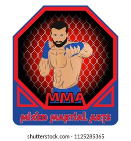 Vector drawing of the fighter of mixed martial arts. MMA. Octagon. Champion of battle. Vector color illustration.