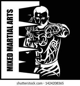 Vector drawing of the fighter of mixed martial arts. MMA. Octagon. Combat champion. Illustrations for t shirt print. Vector sketch for your design.