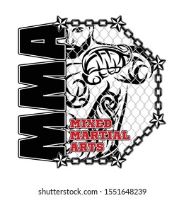 Vector drawing of the fighter of mixed martial arts. MMA. Octagon. Combat champion. Illustrations for t shirt print. Vector sketch for your design. Tribal tattoo.