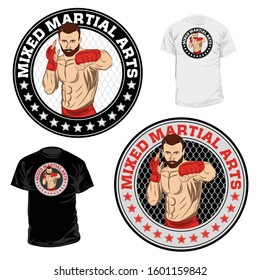 Vector drawing of the fighter of mixed martial arts. MMA. Champion of battle. Illustrations for t shirt print. Vector sketch for your design. 