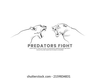vector drawing of fighting animals, Two Lionesses fight illustration, Line drawing of danger predators