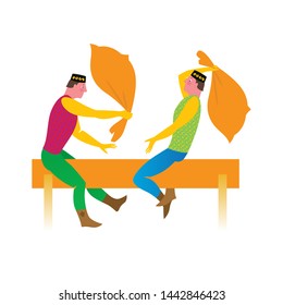 Vector drawing. Fights with bags on white background, Tatar national holiday Sabantuy. Hand-drawn vector illustration.