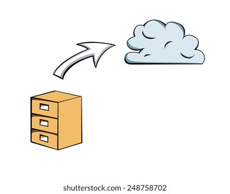 Vector drawing of filing cabinet and arrow pointing towards a cloud