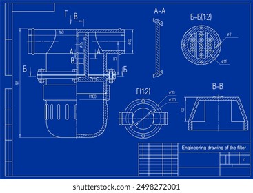 Vector drawing of the filter. 
The structure contains mechanical parts with through holes,
bolts and threaded connections.
Engineering cad scheme. Technical background.