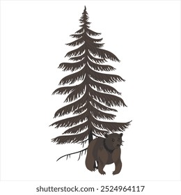 vector drawing fir tree and bear isolated at white background, hand drawn illustration